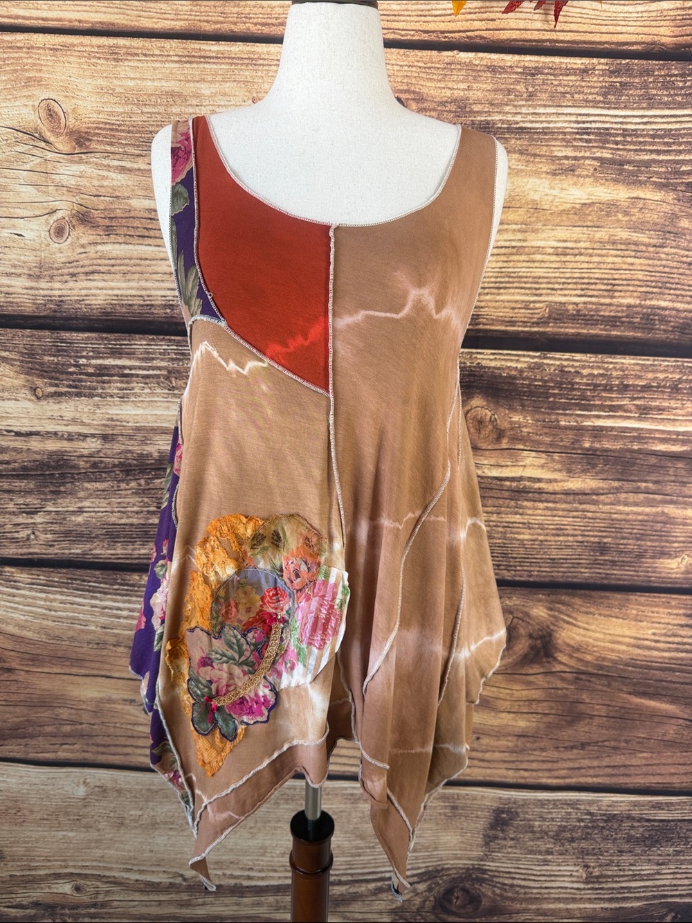 Boho Patchwork Tank Top in Tan, Red and Purple